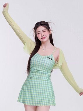 Green Plaid Spaghetti-Strap Swimsuits
